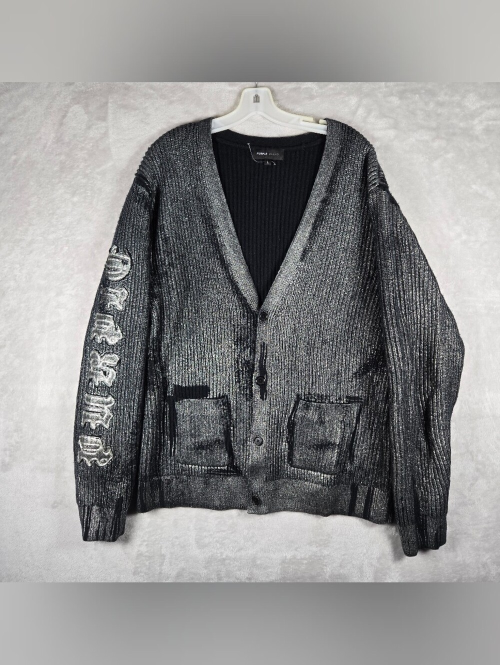 Purple Brand Foil Wool Cardigan Mens Size Large Black Beauty Knit Shiny Pockets